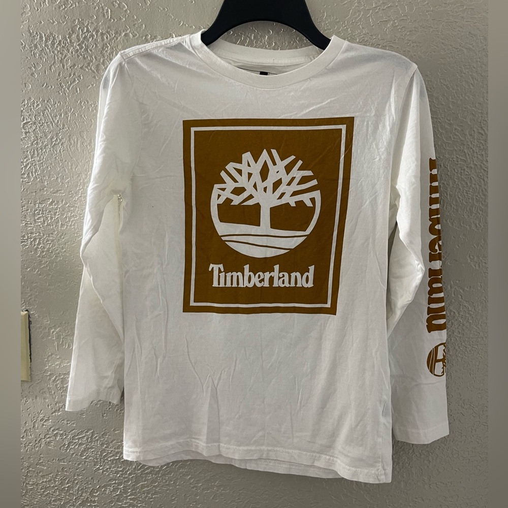 Timberland Kids White Long Sleeve Tee with Brown Logo Box‎